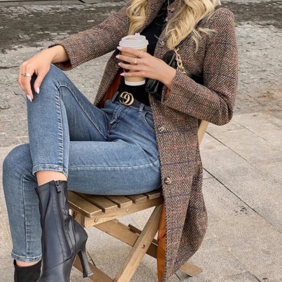 Bobo brown plaid trench pea coat jacket